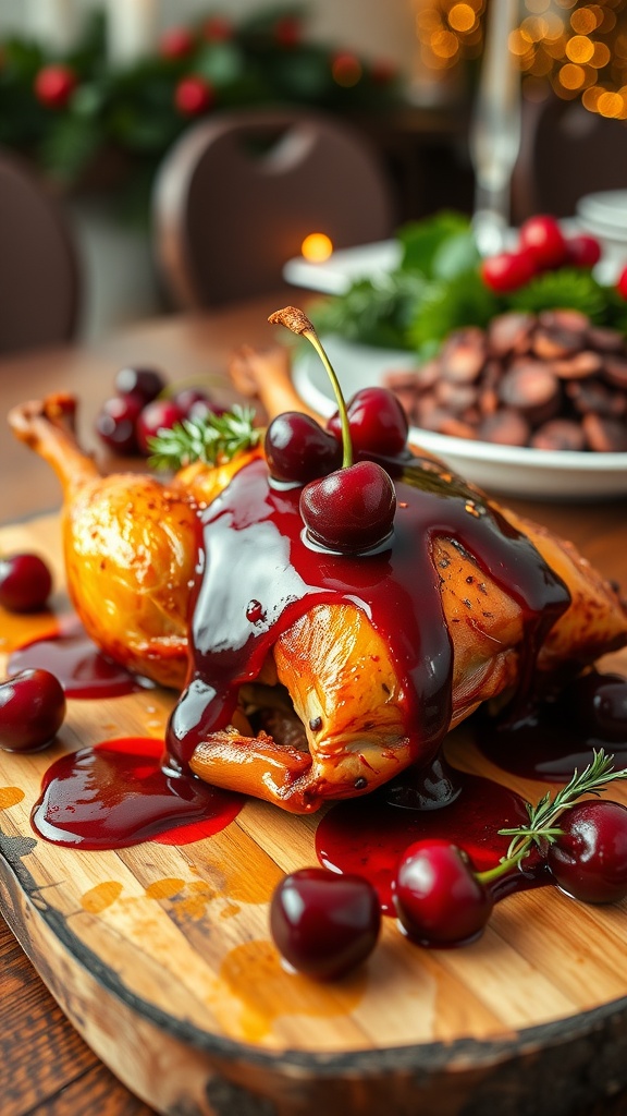 Roasted duck with cherry sauce, garnished with cherries and herbs, on a rustic wooden board in a cozy dining setting.